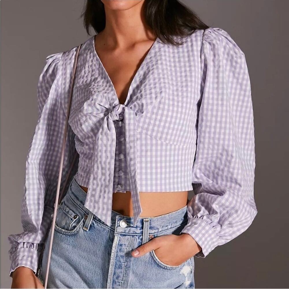 NEW Maeve By Anthropologie Gingham Puff Sleeve Top Lilac Size 6 Coquette Barn